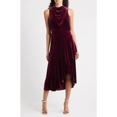 Vince Camuto Cowl Neck High-low Velvet Midi Dress In Burgundy