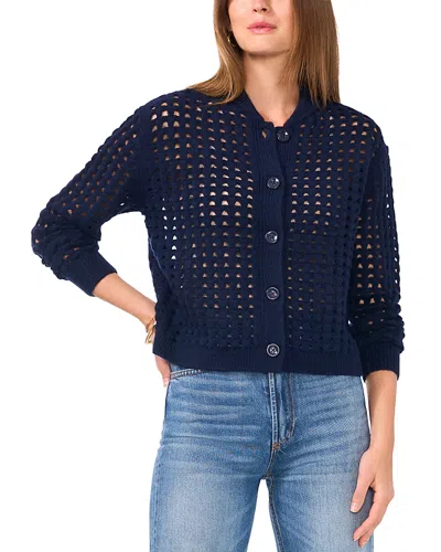 Vince Camuto Pointelle Crewneck Cardigan In Classic Navy