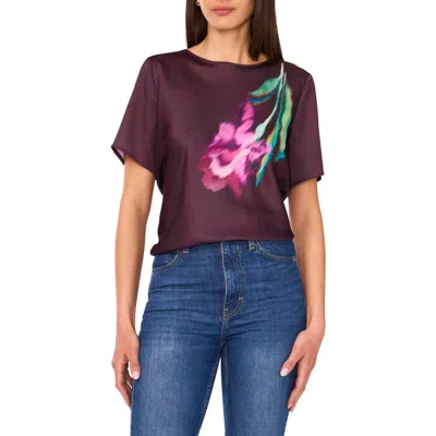 Vince Camuto Crewneck Short Sleeve Satin Top In Burgundy