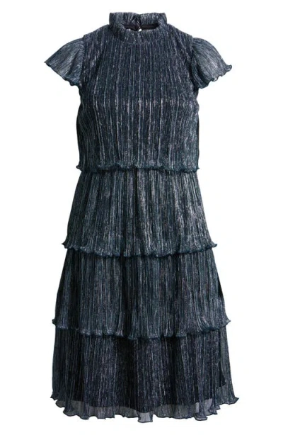 Vince Camuto Crinkle Tiered Metallic Flutter Sleeve Dress In Ocean