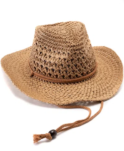 Vince Camuto Crochet Straw Cowboy Hat With Chin Strap In Tan