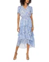 Vince Camuto Floral Tiered Flutter Sleeve Midi Dress In Lake Breeze