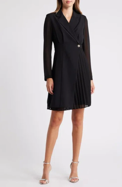 Vince Camuto Crystal Button Long Sleeve Mixed Media Coat Dress In Blk