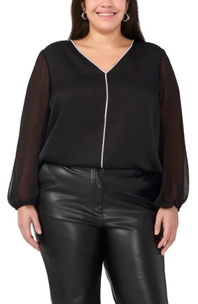 Vince Camuto Crystal Detail Long Sleeve Hammered Satin & Chiffon Top In Rich Black