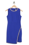 Vince Camuto Crystal Embellished Asymmetric Scuba Knit Crepe Sheath Dress In Blue