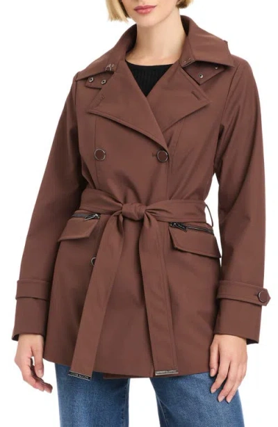 Vince Camuto Double Breasted Hooded Trench Coat In Brown
