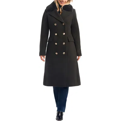 Vince Camuto Double Breasted Wool Blend Coat With Removable Faux Fur Collar In Black