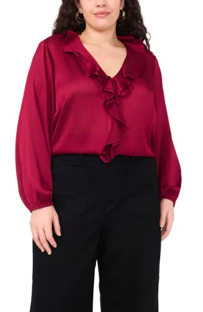 Vince Camuto Double Ruffle Detail Textured Satin Top In Burgundy