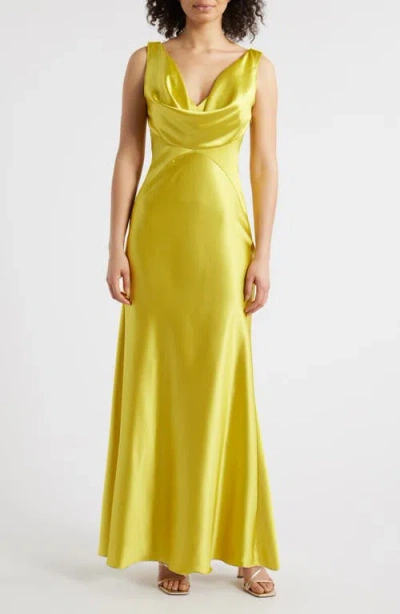 Vince Camuto Draped Neck Satin Gown In Citron