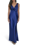 Vince Camuto Draped Neck Satin Gown In Blue