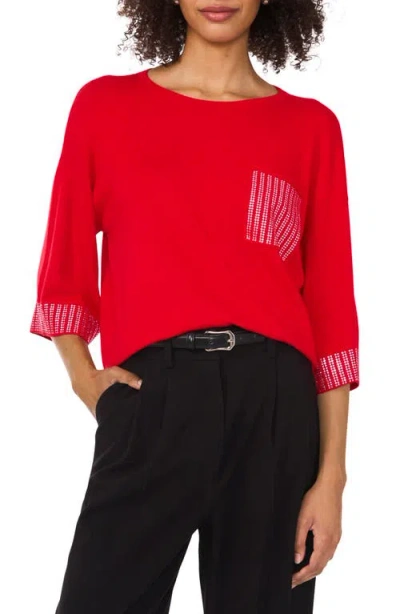 Vince Camuto Embellished Trim Three-quarter Sleeve Sweater In Bright Cherry