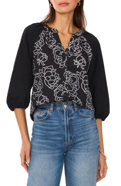 Vince Camuto Embroidered Floral Button-up Shirt In Rich Black