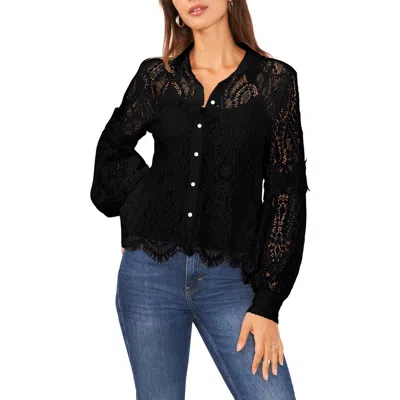 Vince Camuto Embroidered Lace Button-up Blouse In Rich Black