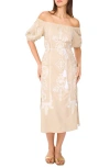 Vince Camuto Embroidered Off The Shoulder Linen Blend Dress In Natural