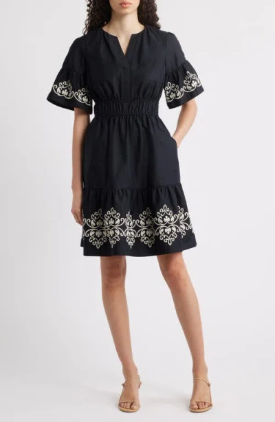 Vince Camuto Embroidered Smocked Waist Dress In Black