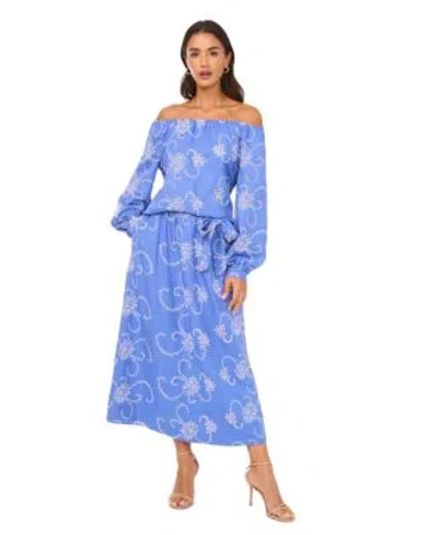 Vince Camuto Embroidered Womensa Line Maxi Skirt Off The Shoulder Long Sleeve Blouse In Blue