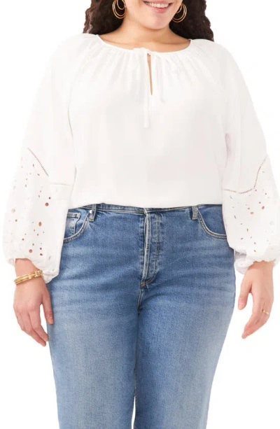 Vince Camuto Eyelet Accent Split Neck Top In Ultra White