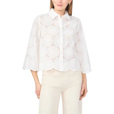 Vince Camuto Eyelet Embroidery Floral Woven Shirt In White