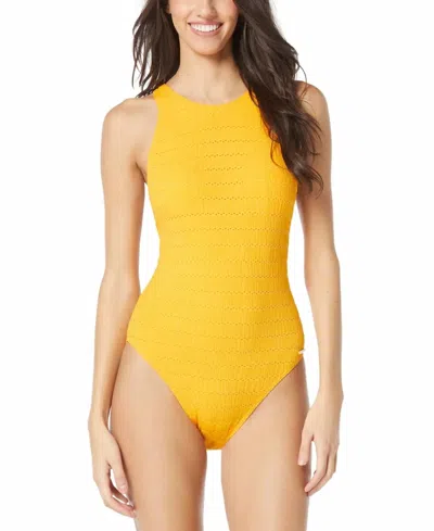 Vince Camuto Eyelet High Neck One Piece Swimsuit In Mango