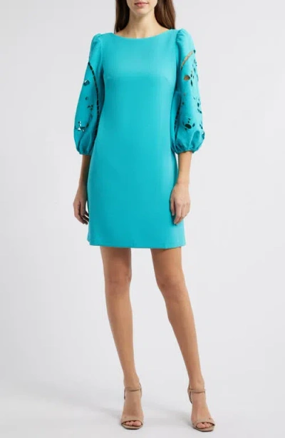 Vince Camuto Eyelet Sleeve Crepe Shift Dress In Aqua