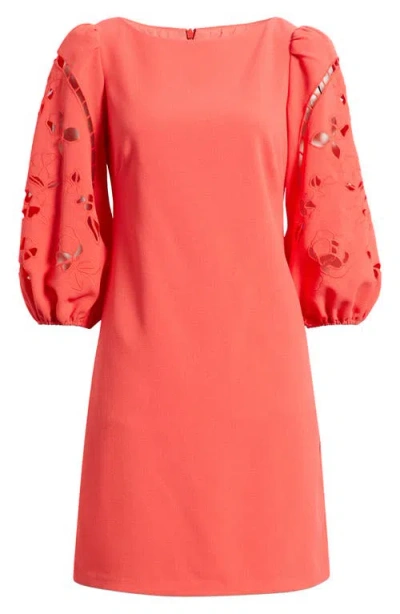 Vince Camuto Eyelet Sleeve Crepe Shift Dress In Hot Coral