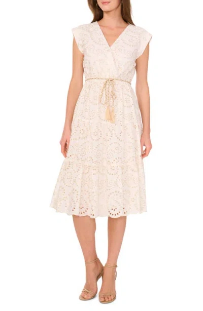 Vince Camuto Eyelet Tie Waist Tiered Midi Dress In Ultra White