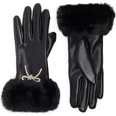 Vince Camuto Faux Fur Trim Bow Embellished Faux Leather Gloves In Black