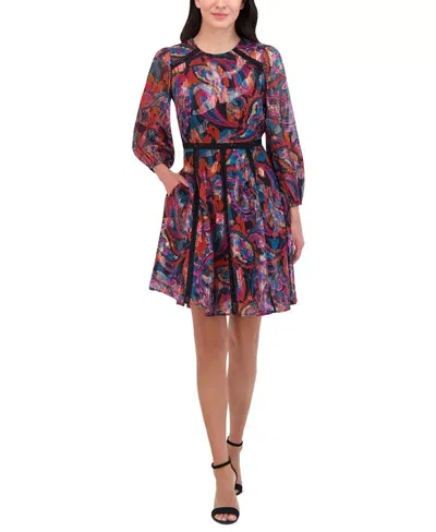 Vince Camuto Fit & Flare Dress Womens Red Paisley 3/4 Sleeve Crew Neck Fts1493 In Multi