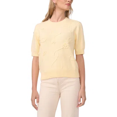 Vince Camuto Floral Appliqué Cotton Blend Sweater In Yellow