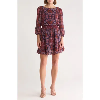 Vince Camuto Floral Balloon Sleeve Chiffon Fit & Flare Dress In Navy Multi