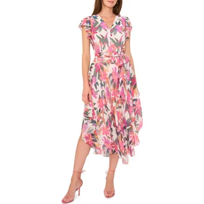 Vince Camuto Floral Belted Midi Dress In New Ivory