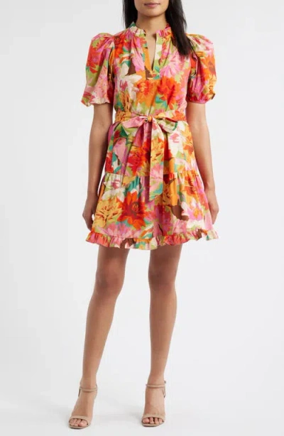 VINCE CAMUTO VINCE CAMUTO FLORAL BUBBLE SLEEVE COTTON DRESS