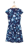 VINCE CAMUTO FLORAL CAP SLEEVE FIT & FLARE DRESS