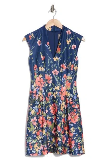 Vince Camuto Floral Cap Sleeve Fit & Flare Dress In Navy Multi