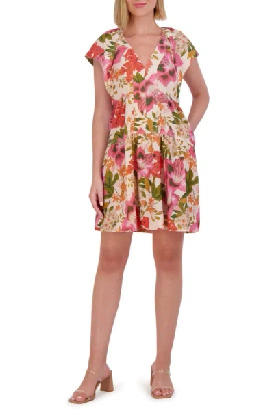 Vince Camuto Floral Cap Sleeve Linen Blend Dress In Coral