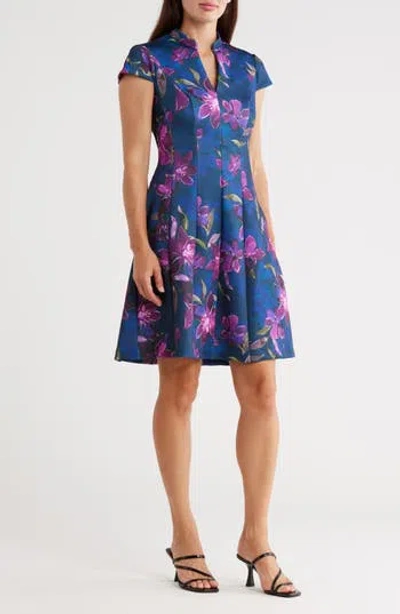 Vince Camuto Floral Cap Sleeve Scuba Fit & Flare Dress In Multi