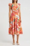 Vince Camuto Floral Cap Sleeve Tiered Midi Dress