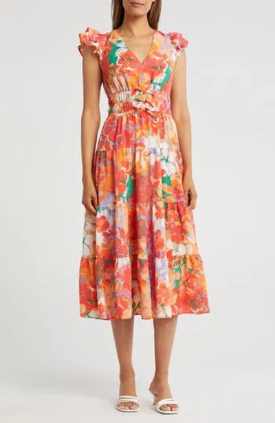 Vince Camuto Floral Cap Sleeve Tiered Midi Dress
