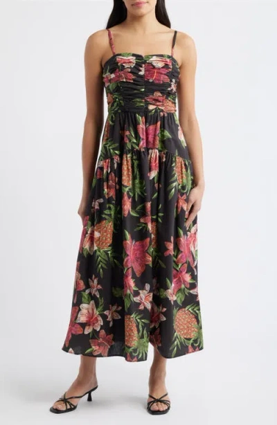 Vince Camuto Floral Cotton Midi Dress In Black