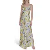 Vince Camuto Floral Cowl Neck Satin Gown In Blue Multi
