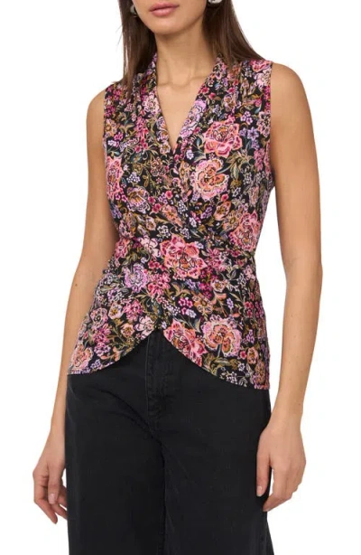 Vince Camuto Floral Crossover Wrap Front Tank In Rich Black