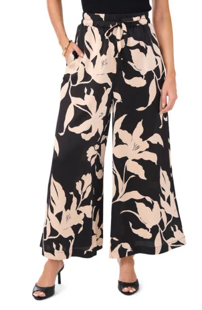 Vince Camuto Floral Drawstring High Waist Satin Wide Leg Pants In Rich Black