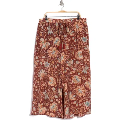 Vince Camuto Floral Drawstring Waist Crop Wide Leg Pants In Brown