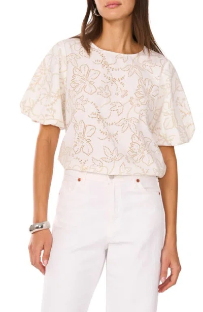 Vince Camuto Floral Eyelet Puff Sleeve Cotton Top In Ultra White