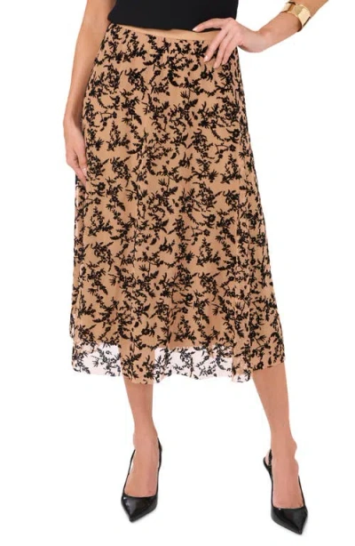 Vince Camuto Floral Flock Mesh Skirt In Rich Black