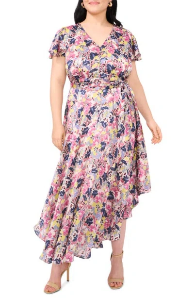 Vince Camuto Floral Flutter Sleeve Asymmetric Midi Dress In Violet Blush