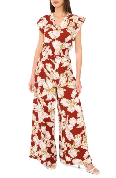 Vince Camuto Floral Flutter Sleeve Jumpsuit In Brown