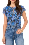 Vince Camuto Floral Flutter Sleeve Mesh Top In Royal Azure