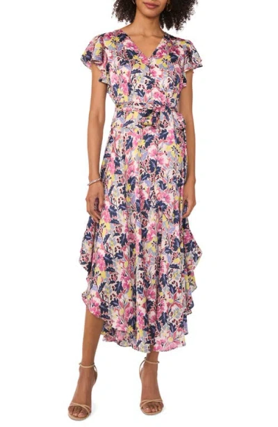 Vince Camuto Floral Flutter Sleeve Midi Dress In Violet Blush