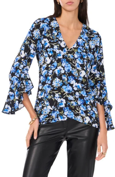 Vince Camuto Floral Flutter Sleeve V-neck Top In Royal Azure